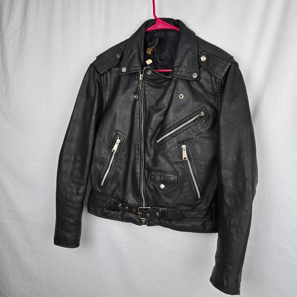 Prime Parts Leather Belted Motorcycle Jacket Men's 42 Black Biker Bomber USA VTG - Picture 6 of 16
